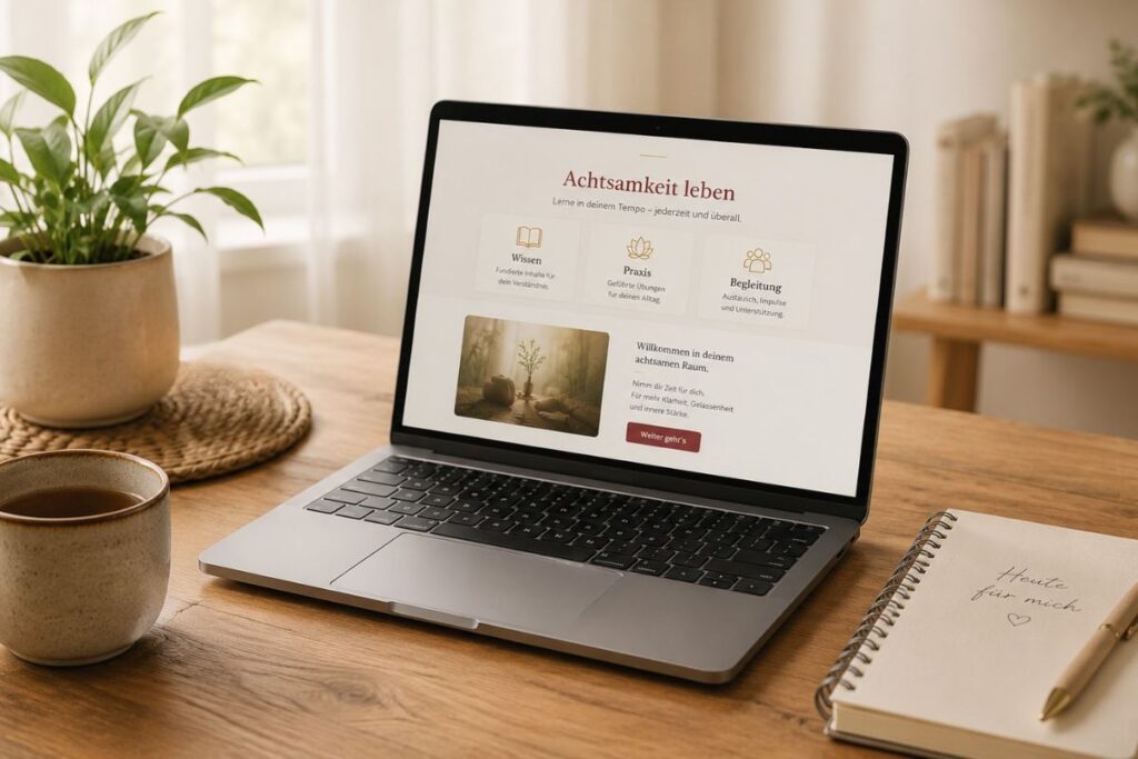 Aufgeklappter Laptop auf dem Schreibtisch mit dem Programm 'Stärker als du glaubst'