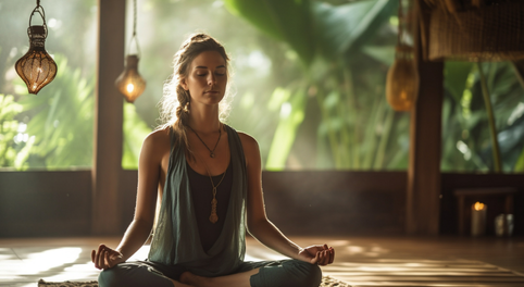 Sitzende Frau kommt im Achtsamkeitskurs durch Meditation zur Ruhe
