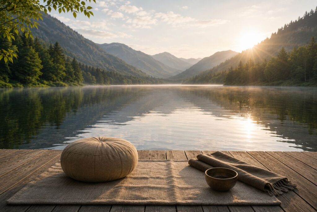 Meditationskissen auf einem Steg am See mit Blick in den Sonnenaufgang