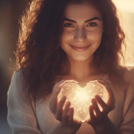 Frau mit einem leuchtendem Herzen in der Hand lernt in der Weiterbildung "Buddhistische Psychologie" mehr über Selbstmitgefühl.