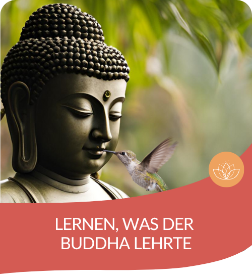 Ein Kolibri berührt sanft Buddhas Mund als Symbol für Rechte Rede des edlen achtfachen Pfades, aus der Fortbildung 'Buddhistische Psychologie' von Doris Kirch.
